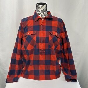 J Crew Womens Buffalo Plaid Flannel 1/2 Zip Cotton Pullover Shirt Sz L Blue Red